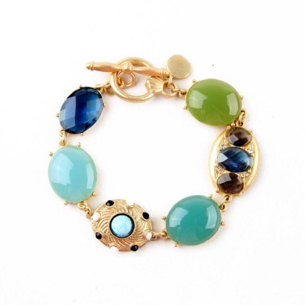 Baroque Cabochon Blue Green Jewel Link Gold Tone Toggle Closure Bracelet NWT